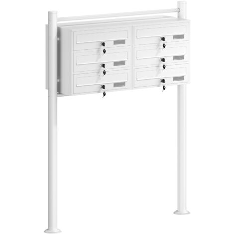 Wiltec Boîte aux lettres sur pieds Blanche 945 x 270 x 1200 mm, avec 6 Compartiments verrouillables 2x3 et Porte-nom, Revêtement en poudre, pour Courrier