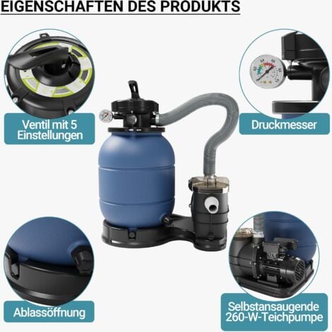 Wiltec Filtre à sable et particules – 260 W – capacité 21,5 kg – 6000 l/h – avec Vanne 5 positions – Système de filtration avec Pompe de filtrage pour Piscine Swimmingpool