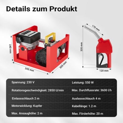 Wiltec Pompe à fuel ou gasoil bio mobile – Autoaspirante – 230 V / 550 W – 60 l/min / 2800 tr/min – avec Pistolet, Compteur, Tuyaux, Châssis de montage et Accessoires