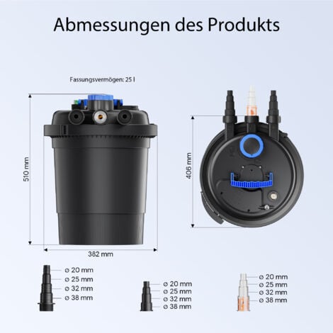 Wiltec CPF-250 Filtre de bassin à pression avec stérilisation UV - 420 x 420 x 500 mm - 11 W / étang 10000 l max. / réservoir 25 l - Nettoyage facile - Filtration eau à grand débit