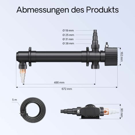 SunSun CUV-155 Stérilisateur Clarificateur de bassins ou d’étang - débit max. de 5000 l/h - avec Lampe rayons UV-C 55 W - pour Poissons et plantes aquatiques - Cours d’eau droit