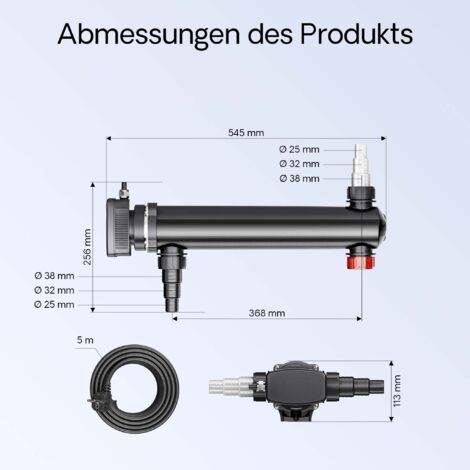 SunSun CUV-324 Stérilisateur Clarificateur de bassins ou d’étang - débit max. 5000 l/h - avec Lampe rayons UV-C 24 W + Miroir inox - pour Poissons et plantes aquatiques - Cours d’eau en hélice