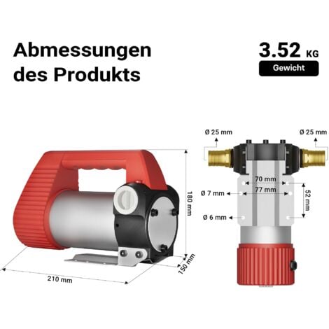 Wiltec Pompe d'aspiration à Fuel Diesel auto-amorçante – 12 V / 160 W / 40 l/min – avec Bornes de batterie – Pour gazole et huile de diesel, vidange transvasement