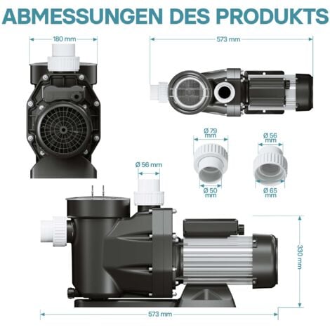 Wiltec Pompe de piscine – 19200 l/h 750 W – Hauteur refoulement 16 m, hauteur aspiration 3,5 m – Pompe de filtration pour circulation d’eau – Pool Whirlpool Bassin à remous Jardin