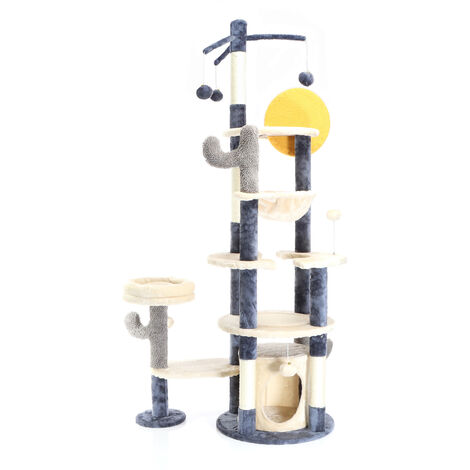 Fudajo Arbre à chat design cactus gris foncé 172 cm, griffoir pour chat avec niche et hamac, arbre à chat avec sisal, meuble pour chat avec balles de jeu (1/5)