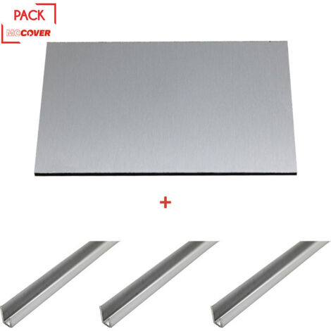 Crédence - réversible - en aluminium brossé / aluminium brut 200 x 100 x 0.3 cm + 3 profils de finition en U - Coloris - Aluminum brossé, Epaisseur - 3 mm, Largeur - 100 cm, Longueur - 200 cm