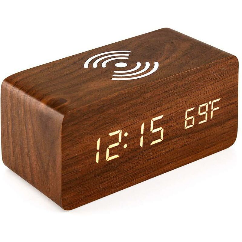 Wecker mit kabellosem Qi-Ladepad, kompatibel mit iPhone-LED-Digitaluhr-Steuerungsfunktion  aus Holz？Ton, Datum Uhrzeit