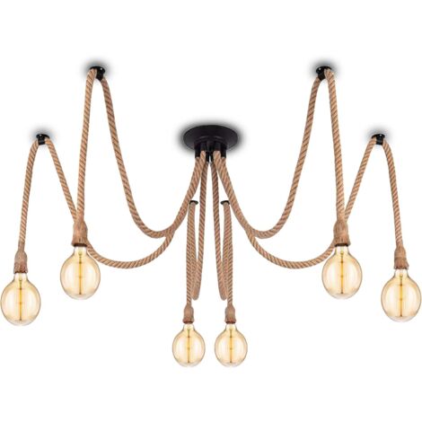 Lampada a sospensione industriale con cavo tessile - Lampadario vintage retrò in corda di canapa fai-da-te 6 x 2 metri con portalampada E27 per sala da pranzo, ingresso, ristorante, bar, caffetteria ( (1/5)