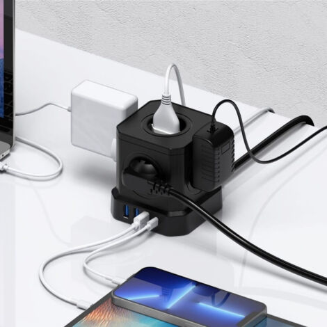 Multipresa cubica 9 in 1 con USB, 5 prese con 4 porte USB, presa con interruttore, protezione da sovratensione con interruttore e cavo da 2 m, prolunga multipresa da 4000 W, nero
