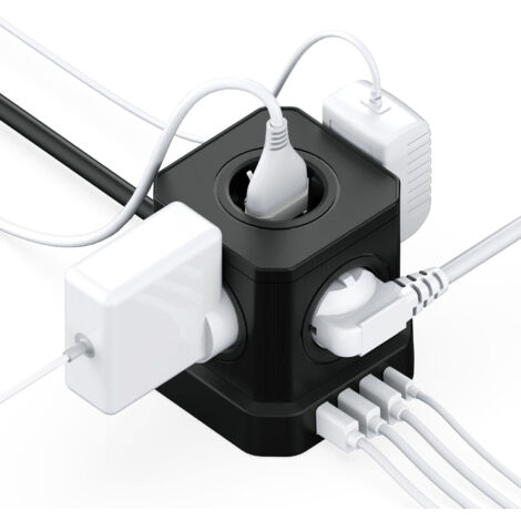 Multipresa cubica 9 in 1 con USB, 5 prese con 4 porte USB, presa con interruttore, protezione da sovratensione con interruttore e cavo da 2 m, prolunga multipresa da 4000 W, nero