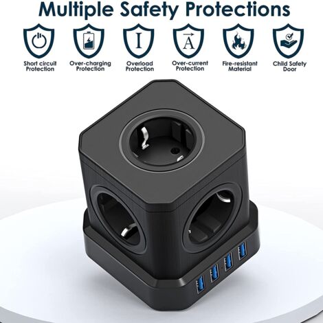 Multipresa cubica 9 in 1 con USB, 5 prese con 4 porte USB, presa con interruttore, protezione da sovratensione con interruttore e cavo da 2 m, prolunga multipresa da 4000 W, nero