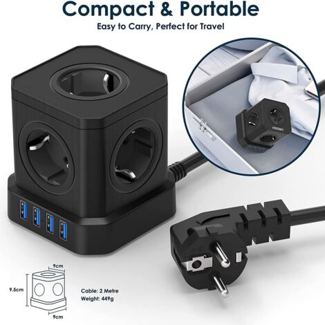 Multipresa cubica 9 in 1 con USB, 5 prese con 4 porte USB, presa con interruttore, protezione da sovratensione con interruttore e cavo da 2 m, prolunga multipresa da 4000 W, nero