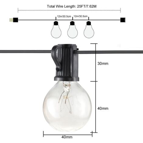 Catena luminosa per interni ed esterni, Catena luminosa da 7,62 metri con 25+3 lampadine, Catena luminosa decorativa impermeabile G40 per giardino, festa, patio, matrimonio, Natale -RAPANDA
