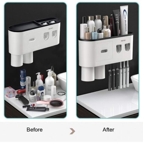 Portaspazzolino Da Parete Con Dispenser Dentifricio - Doppio Erogatore, 6 Slot E 3 Tazze, Senza Foratura - Foto 5