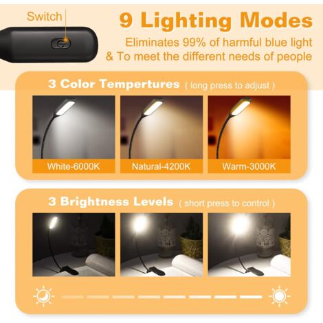 Lampada Da Lettura Ricaricabile Dokkita - 3 Luminosità, Pieghevole, Per Libri E EBook - Regalo Ideale - Foto 5