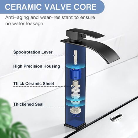 BEBUSINGOTO Rubinetto Moderno Per Bagno In Ottone Nero, Miscelatore Per Lavabo A Cascata Rubinetto Per Lavabo Con Altezza Beccuccio 145 Mm Acqua Calda E Fredda Disponibile 87319477 - Foto 3