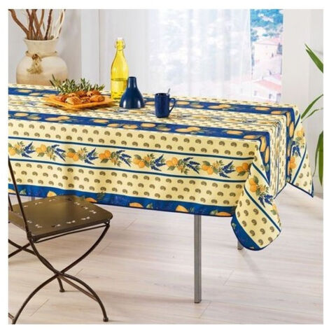 Nappe Provençale Rectangle Anti-Tâche 100% Polyester - Citron - 300 x 150 cm - bleu