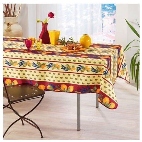Nappe Provençale Rectangle Anti-Tâche 100% Polyester - Citron - 300 x 150 cm - rouge