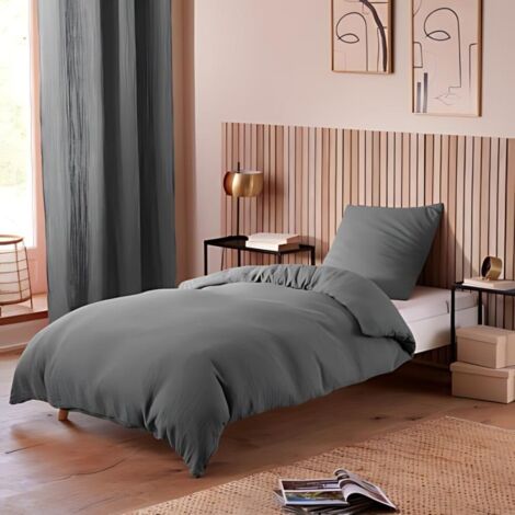 Parure de Lit en Gaze de Coton - pour Lit Une Place - Parure de Couette 140x200cm - 200 x 140 cm - anthracite