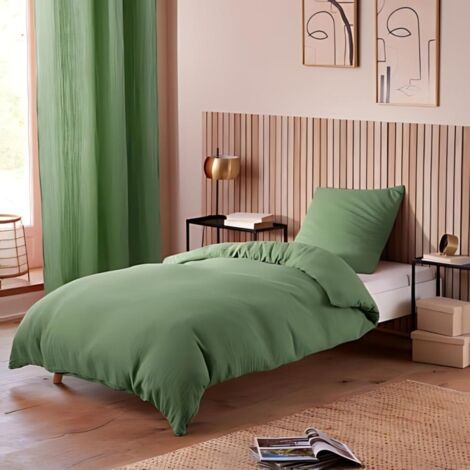 Parure de Lit en Gaze de Coton - pour Lit Une Place - Parure de Couette 140x200cm - 200 x 140 cm - Kaki