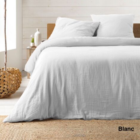 Parure de lit 260 x 240 cm – Gaze de Coton / Coton 57 fils – Angelia Blanc + 2 taies
