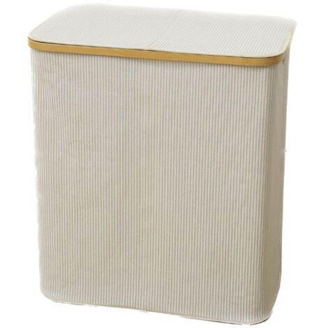 Panier à linge Poignée en Bambou - Corbeille à Linge sale 2 compartiments avec Couvercle - 110L - Blanc (1/5)