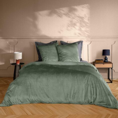 Parure de Lit 3 Pièces en Velours Uni – Housse de Couette Douce+ 2 Taies d’Oreiller – Linge de Lit – Certifiée Oeko-TEX - 240x220cm - Vert