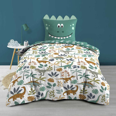 Douceur D'Intérieur – Parure de lit enfant réversible 140x200 cm en 100 % coton – Motif dinosaures colorés – Lavable en machine à 40 °C