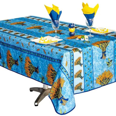 Nappe Provençale Rectangle Anti-Tâches, Bouquet de Blé Bleu - 300 x 150 cm - bleu