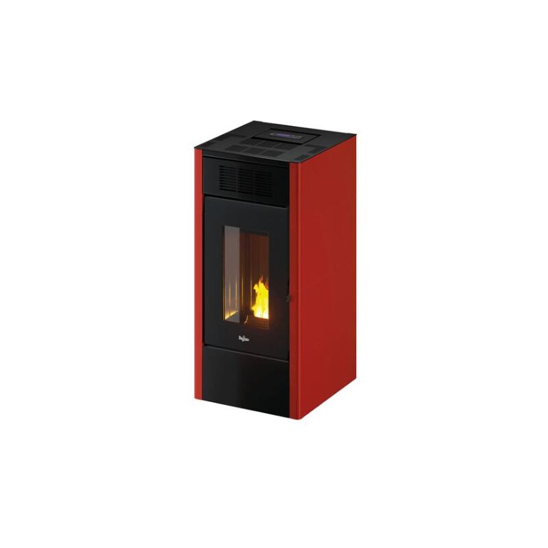 Poele a' granule's Pegaso Saba 14 revetement en me'tal peint rouge 14 kw pour 336 m  ventilation frontale a' 5 vitesses