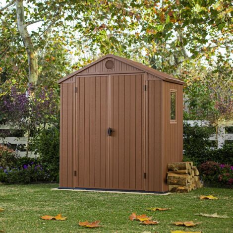 Keter – Abri à vélos en résine effet bois – 2 portes – Dimensions 190x122x221 cm – Plancher inclus – Capacité toit 75 kg/m2