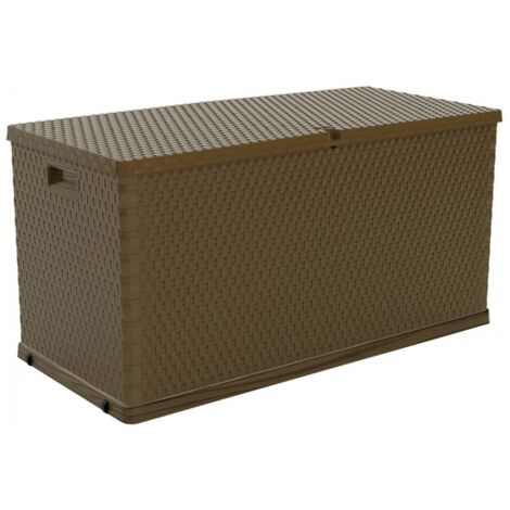Coffre de jardin en résine 420L marron effet rotin – Résistant aux intempéries et UV – Dimensions L120 x P57 x H63 cm – 2 roues pour transport
