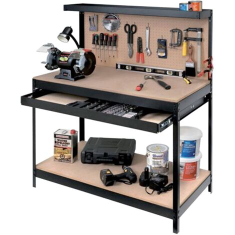 Ferramenta1.Com – Établi en acier peint avec étagère porte-outils et tiroir coulissant – Dimensions 120x60x155 cm – Surface de travail en aggloméré - cm120x60x155
