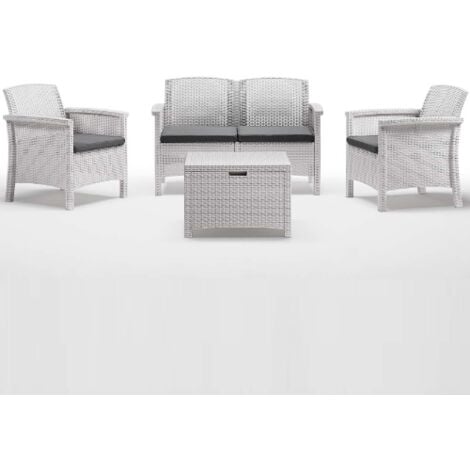 Salon de jardin Venice avec deux fauteuils canape' et table d'exte'rieur en polypropyle'ne effet rotin blanc