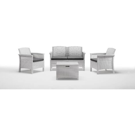 Salon de jardin Venice avec deux fauteuils canape' et table d'exte'rieur en polypropyle'ne effet rotin blanc