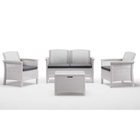 Salon de jardin Venice avec deux fauteuils canape' et table d'exte'rieur en polypropyle'ne effet rotin blanc
