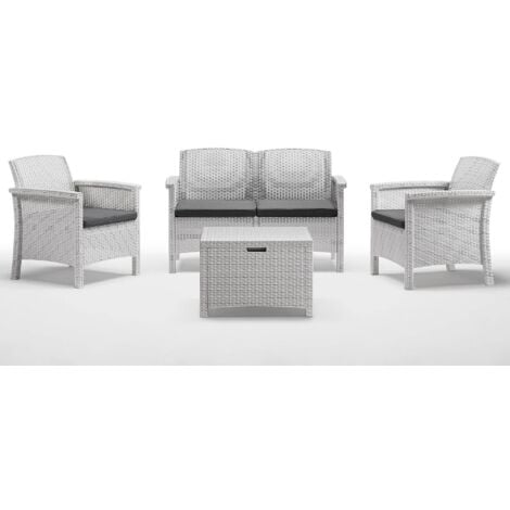 Salon de jardin Venice avec deux fauteuils canape' et table d'exte'rieur en polypropyle'ne effet rotin blanc