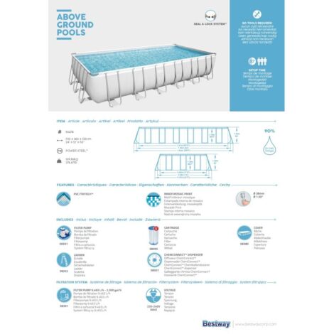 Bestway Piscine hors sol - Rectangulaire - Power Steel - Gris clair - 732 x 366 x 132 cm