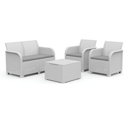 Keter – Ensemble salon de jardin 2 fauteuils + canapé 2 places + table rangement – Rotin blanc – Dimensions fauteuil 65x63x74cm – Table 60x55x39cm (1/4)