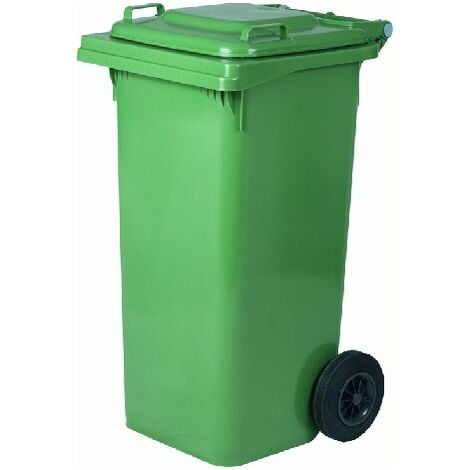 Bac poubelle à déchets 2 roues 180 litres gris couvercle vert