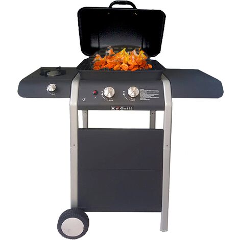 Barbecue gaz de table transportable pieds pliables - 2 brûleurs 5 kW -  barbecue gaz de camping - grille de cuisson, réceptacle graisse, thermomètre  - acier noir