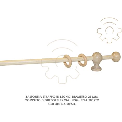 Tringle a' rideaux en bois naturel   23 mm longueur 200 cm avec supports de 15 cm