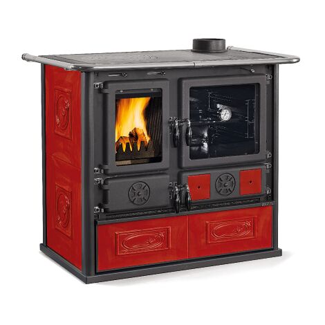 Poêle à bois Rosa Liberty 9,6 kW – Revêtement majolique bordeaux – Volume chauffable 240 m³ – Sortie de fumée 15 cm