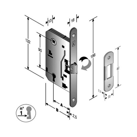 Serrure réversible verrouillable en fer 8/90 mm – Pene central 50 mm – Finition laiton pour portes et garages – Bonaiti