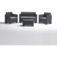 Salon Nebraska 2 en re'sine effet polirattan anthracite compose' d'un canape' de deux fauteuils avec coussins et d'une table de jardin d'exte'rieur