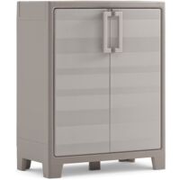 Keter – Armoire de jardin imperméable 2 étagères réglables – Plastique gris finition bois – Capacité 30 kg par étagère – Pieds réglables surélevés