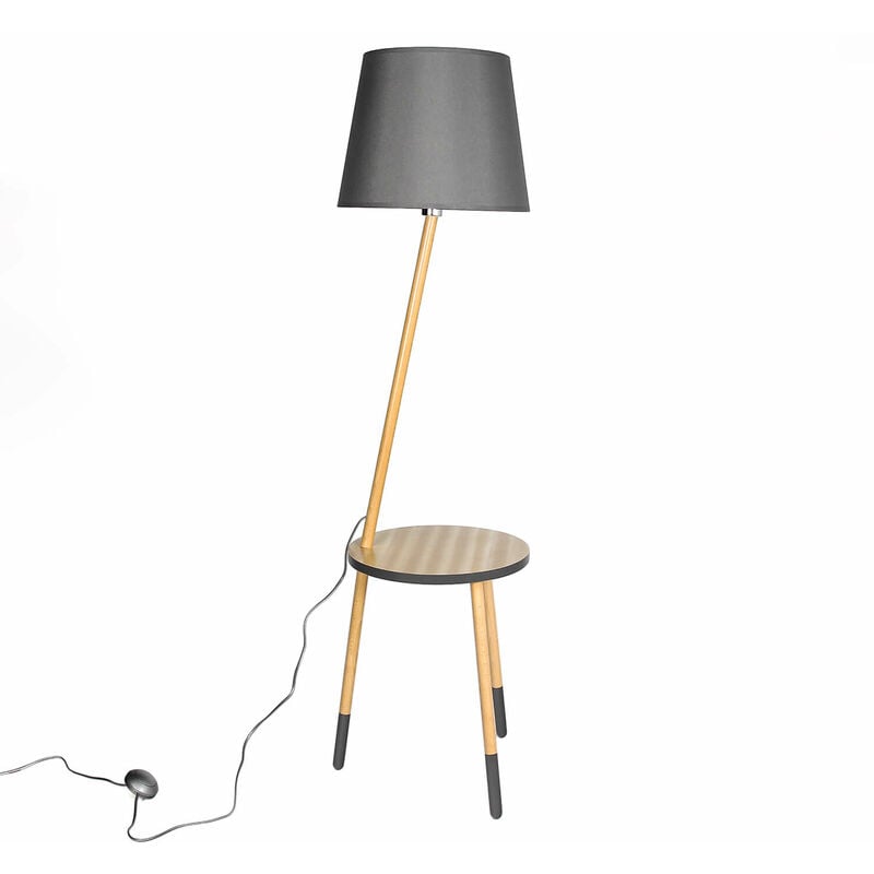 Lampada da terra con tavolino Piantana in legno in stile scandinavo con  paralume in tela color grigio LAMA