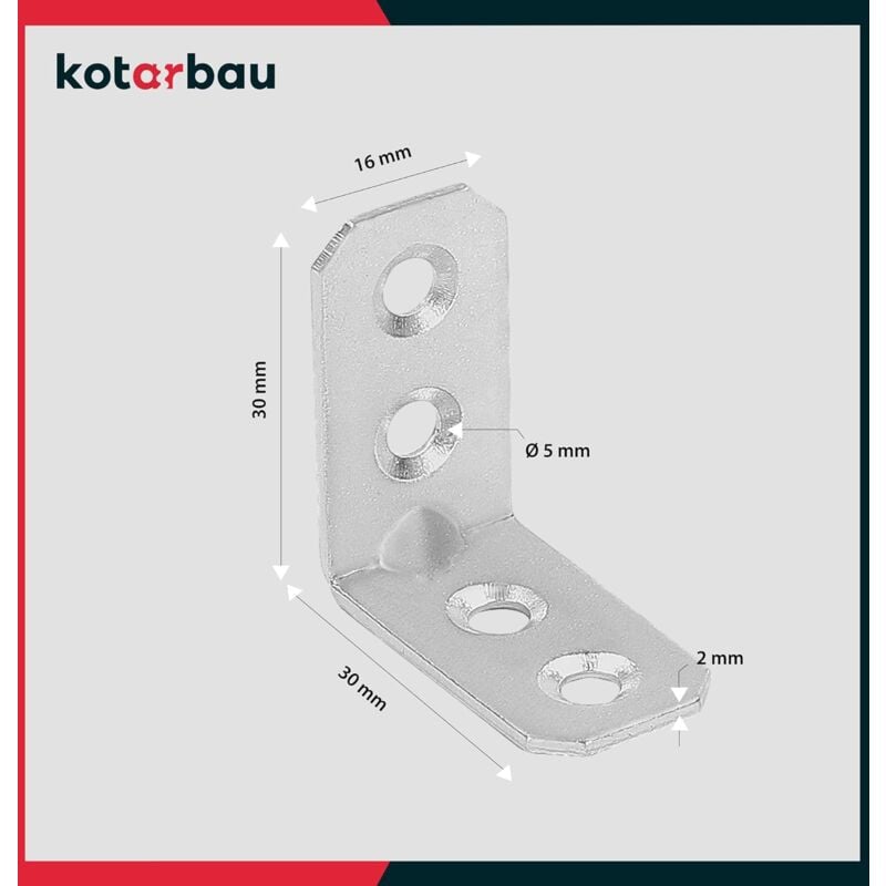 KOTARBAU Connecteurs coudés 30 x 30 x 16 x 2 mm avec nervure en acier - Trous de montage - Connecteurs de meubles galvanisés pour charge lourde - Connecteur à bois (50) 2