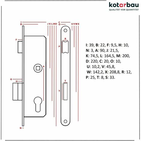 KOTARBAU Serrure à mortaiser 90/22 PZ - Contre-plaque galvanisée universelle gauche/droite - Serrure à cadre tubulaire - Pour intérieur et extérieur