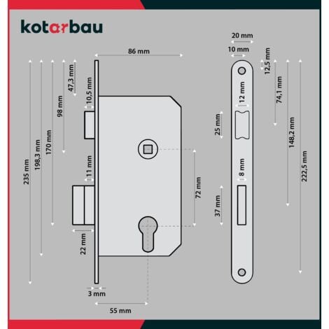 KOTARBAU® Serrure à Larder 72/55 mm DIN Droite à Cylindre Profilé et Cadre Tubulaire avec Contre-Plaque Acier Galvanisé Inoxydable Serrure Porte Entree Serrure a Encastrer